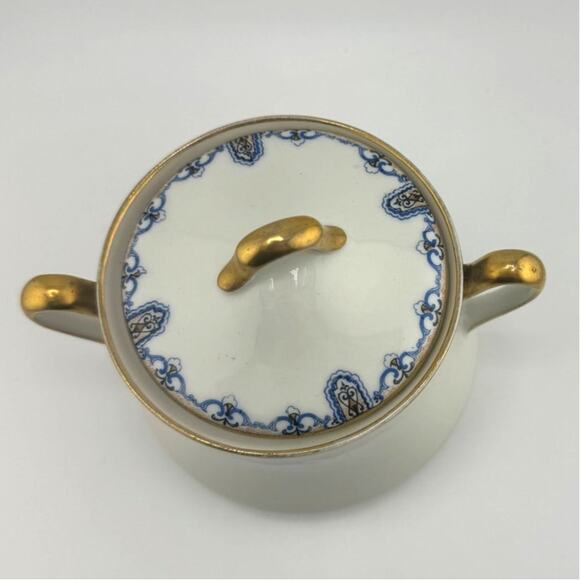 C Ahrenfeldt Limoges Made In France Sugar Bowl&Lid Double Handle Gold White Blue - Picture 3 of 7